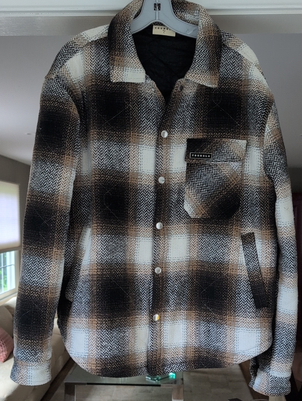 YoungLA Black, Brown & White Plaid Shirt Jacket. Size L